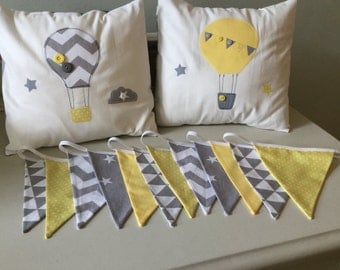 handmade nursery yellow grey Hot air balloon star cloud cushion covers & Bunting nursery chevron modern contemporary vintage