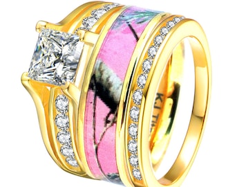 3 piece 14k gold plated sterling silver titanium pink camo wedding rings set - Camouflage Wedding Ring Sets 3 piece 14k gold plated sterling silver titanium pink camo wedding rings set - Camouflage Wedding Ring Sets