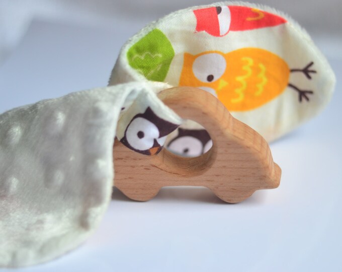 car teething toy wooden teether car baby boy toy car bunny ears teething toy gift for kids unique baby shower gift cute owl gift car wooden