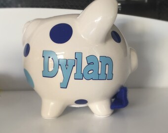 Personalized piggy bank for boys with bow tie//Little Prince Piggy bank//Blue Piggy Bank