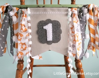 Fox Banner, Woodland creatures party, Orange and Grey banner, Highchair 1st Birthday Banner, Smash cake photo shoot prop