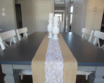 Burlap and center panel white lace table runner - rustic wedding table runner - 12" wide