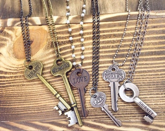 Vintage Style Key Necklace | Word Necklace | Silver and Gold Keys | Word Jewelry | Love, Journey, Memory Necklace | Free Shipping