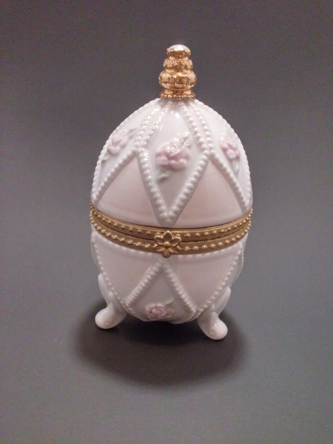 Egg Shaped Jewelry Box White and Pink Trinket Gold lock