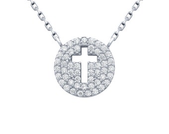 Sterling silver pave disc necklace. Cross necklace. Circle cross necklace. Gold pave disc necklace. Cross disc necklace. Silver jewelry.