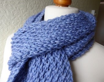 Chunky sky blue hand knitted scarf in an acrylic and alpaca mix yarn