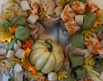 Fall Burlap Wreath with Large Green Pumpkin, Wheat Sprays and Leaves; Autumn Wreath Decor; Fall Door Decor; Green Beige Pumpkin Leaf Wreath