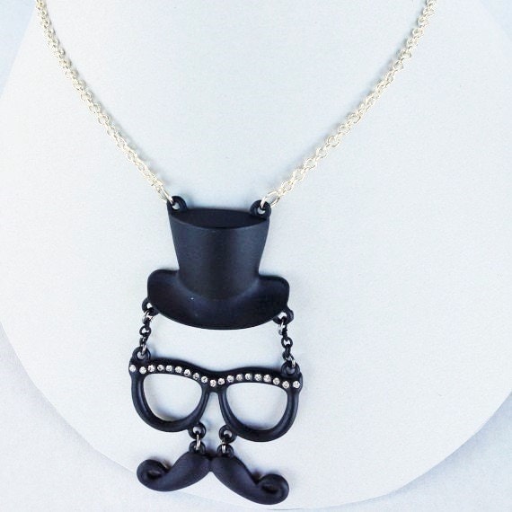 Mustache necklace black top hat mustache pendant on silver