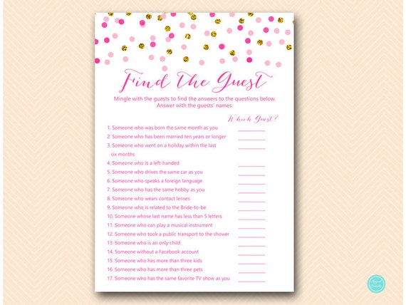 Find the Guest Bridal Shower Game Bridal Shower Game Pink