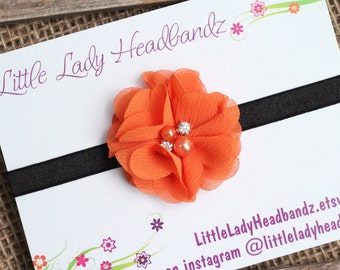 Orange and black headband - Halloween headband baby headband chiffon pearl flower - newborn infant headband toddler headband