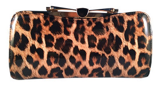 Cheetah Print Faux Paten Leather with Gold Clutch Handbag