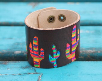 Leather Cuff Bracelet, Hand Painted Serape Cactus Western, Southwestern, Bohoemian Leather Handmade Jewelry "Desert King" Adjustable Cuff
