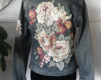 Denim jacket, stretch, aged front panels, zip front, pre-loved, upcycled. Embellished with antique roses, pearls and diamantes.