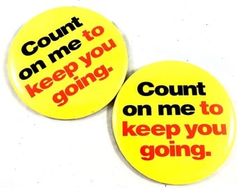 Set of two Vintage yellow and red buttons, count on me to keep you going, Shell LOGO