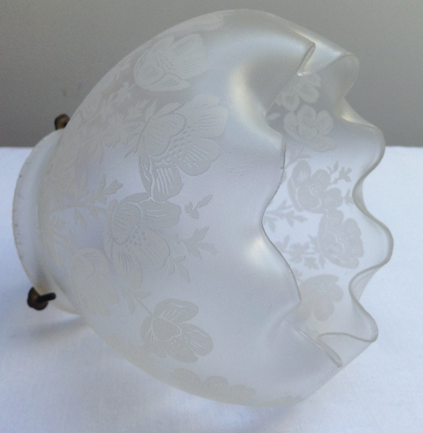 Vintage French 1930s Frosted Glass Lamp Shade With Brass