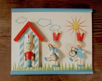 wooden Little Drummer Boy scene | vintage nursery decor | vintage wooden wall hanging