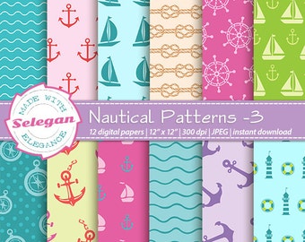 nautical decor " Nautical Patterns -3" nautical print pattern anchor rope sail boat yacht wheel wave digital scrapbook background