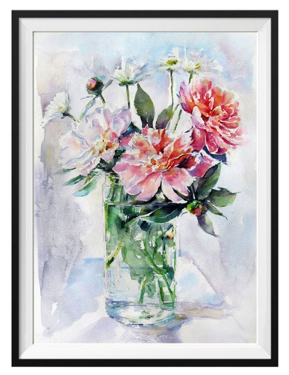 Red Peony - Watercolor Flower Painting, Modern Watercolor Flowers, 12 x16, Water Painting, Red Pink White Art Wall, Fine Art