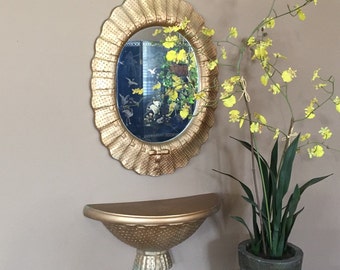 Gold Mirror with Shelf / Vintage Oval Mirror / Vintage Gold Mirror / Small Gold Mirror