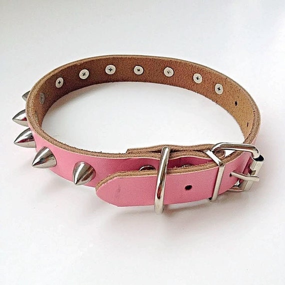 Pink Leather Spiked Dog Collar Medium with Silver Cone Spike