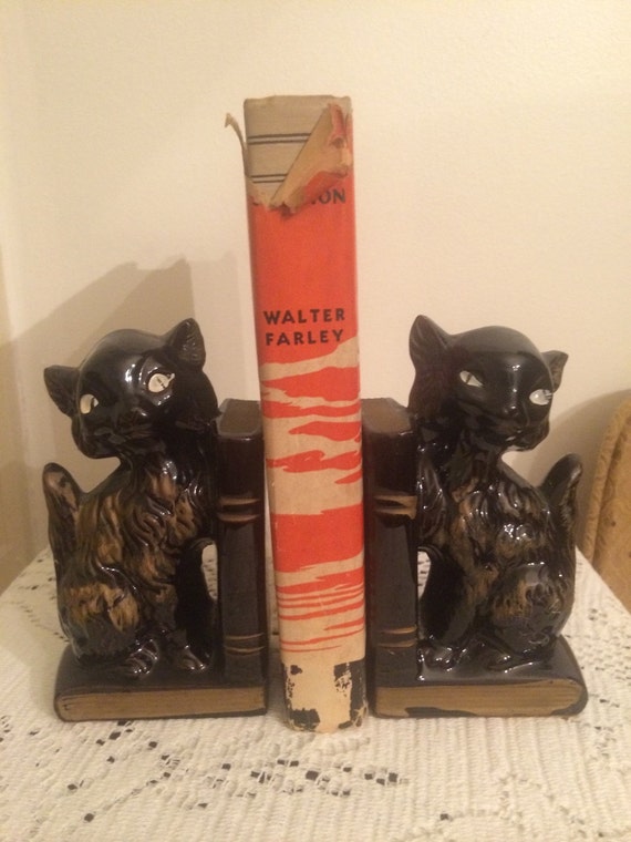 Vintage Mid Century Black Cat Bookends + Pen Holders Made In Japan