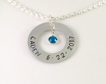 Mothers necklace, new mom necklace, birth name necklace, new mom jewelry, name necklace, personalized mommy necklace, hand stamped necklace