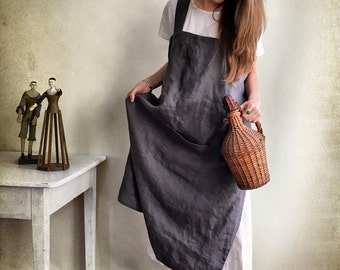 Linen Pinafore Apron, Linen Apron, Long Pinafore Woman, Square-Cross Apron, no-ties apron, Japanese apron, linen smock, Mothers day gift