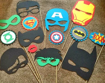 14pc SUPER HERO party photo booth props hulk, captain america, avengers, iron man, batman, super hero party birthday party party props