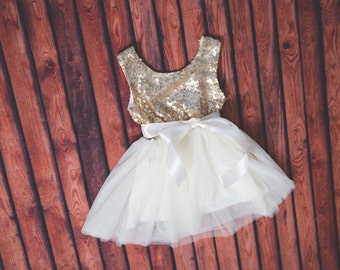 Ivory Tulle Flower Girl Dress, Gold sequin dress, Cream Tulle, Gold Ivory Cream Wedding, Sash Belt set, Gold glitter dress, Ivory tutu dress