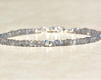 Labradorite Bracelet, Labradorite Gemstone, Sterling Silver, Natural Stones, Gray Beads, Beaded Labradorite Jewelry, Gift for Her