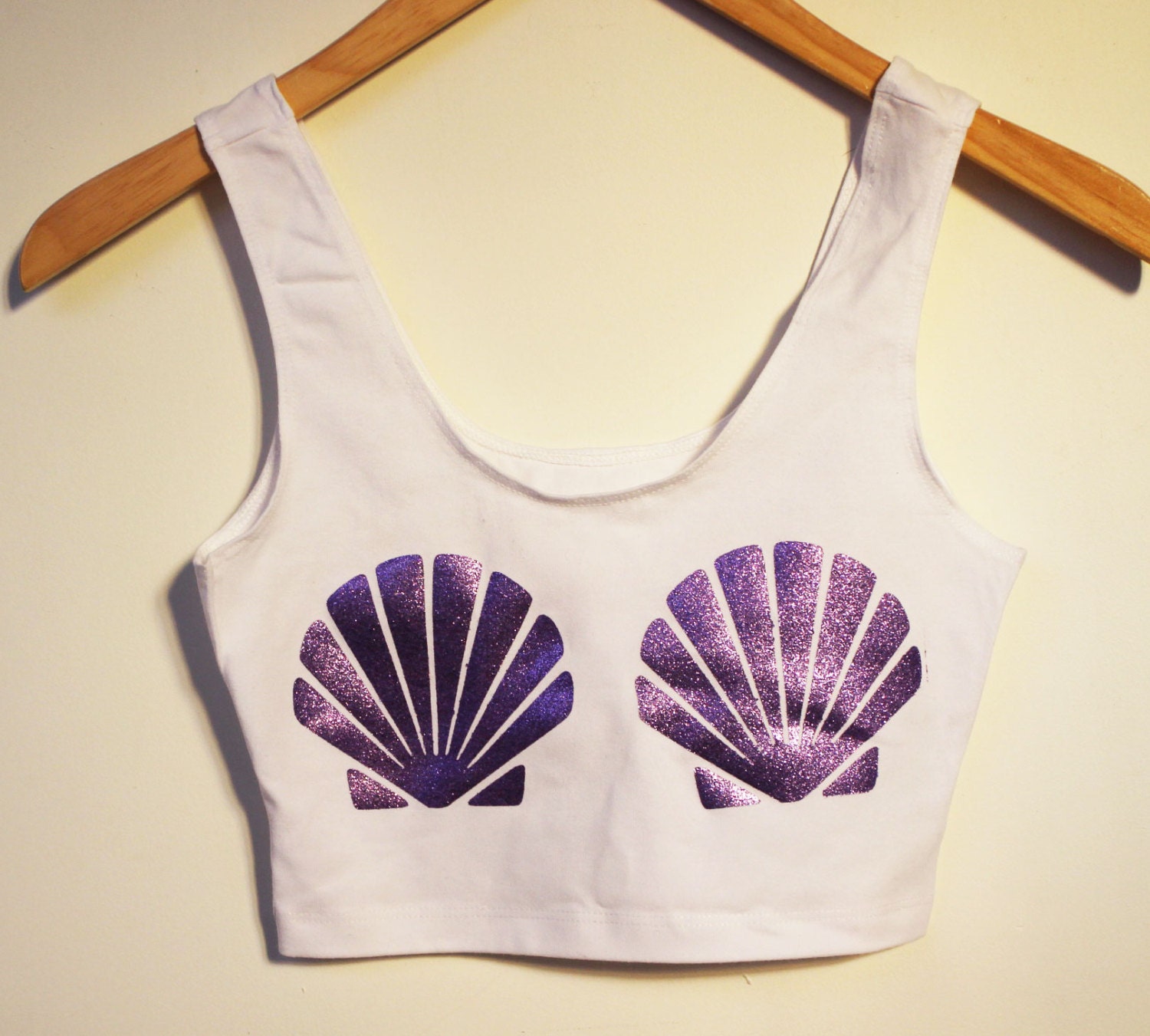 Shell Mermaid Crop Top White Glitter Purple by fashion4festivals