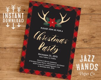 Christmas Party Invitation Template | DIY Printable | Holiday Party Invitation | Modern Christmas Invitation | Deer Antlers | Gold Foil