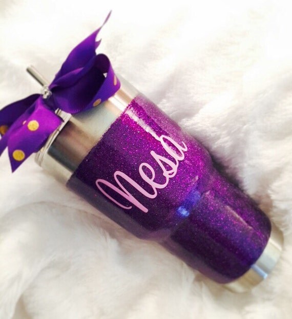 Glitter Yeti Rambler in Dark Purple with Lid & Bow