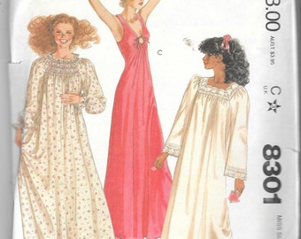 Vtg 1980s Misses Long Nightgown Sewing Pattern Size Small 10 to 12 Bust 32 1/2" to 34"