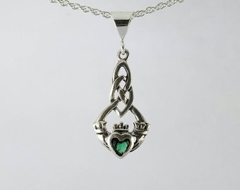 Celtic Necklace~Emerald Green Claddagh Necklace~Sterling Silver Emerald Claddagh Necklace~May Birthstone~Birthstone Jewelry