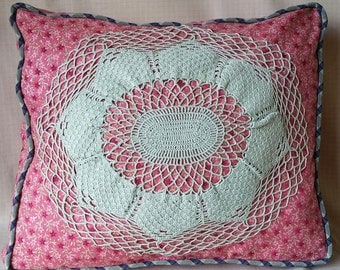 Strawberry Fields Cushion-boxed-n-piped, vintage sage-colored crochet, contrast piping, strawberry colored