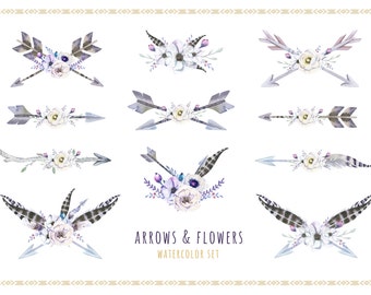 Watercolor boho arrows & bouquets. Tribe wedding bohemian digital Clip art. Rustic POW WOW invitation. Arrow Graphics. Tribal Arrow Clipart