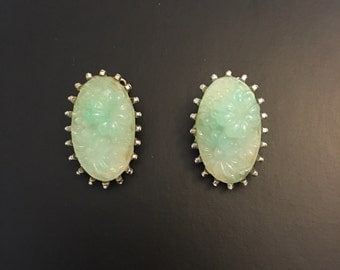 Green Carved Floral Silver Tone Clip On Earrings Marked "Japan"