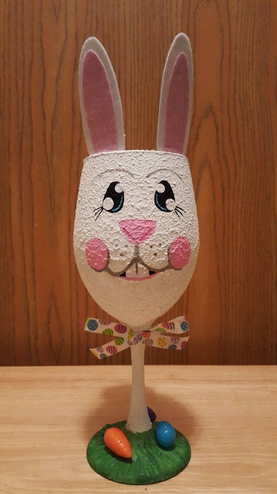Handpainted Easter bunny wine glass candle by HandpaintedByHeather