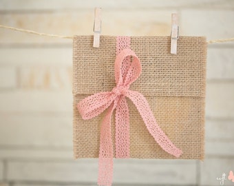 SET of 5 Natural Linen Burlap cd/dvd cases/pockets/envelopes with dusty rose cotton lace ribbon. Photography linen burlap packaging