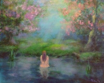 Art canvas painting Women nude personalized gift Valentines Day gift Landscape painting Fairy forest art Fantasy art Lake decor wall art