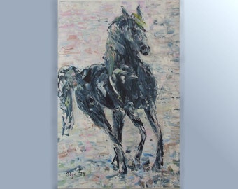 Sale canvas art Gray horse Modern acrylic painting holiday gift Abstract picture Palette knife wall art White room decor horse painting