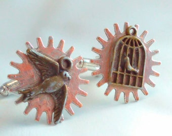 Handmade steampunk, Steampunk cufflinks, steampunk jewelry, handmade steampunk cufflinks, bird cufflinks, bridegroom, wedding cufflinks