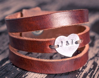 Leather Bracelet w/ Hand-Stamped Heart, Women's Leather Bracelet, Gift under 30, Gift for her, Custom Leather Cuff, Personalized Bracelet
