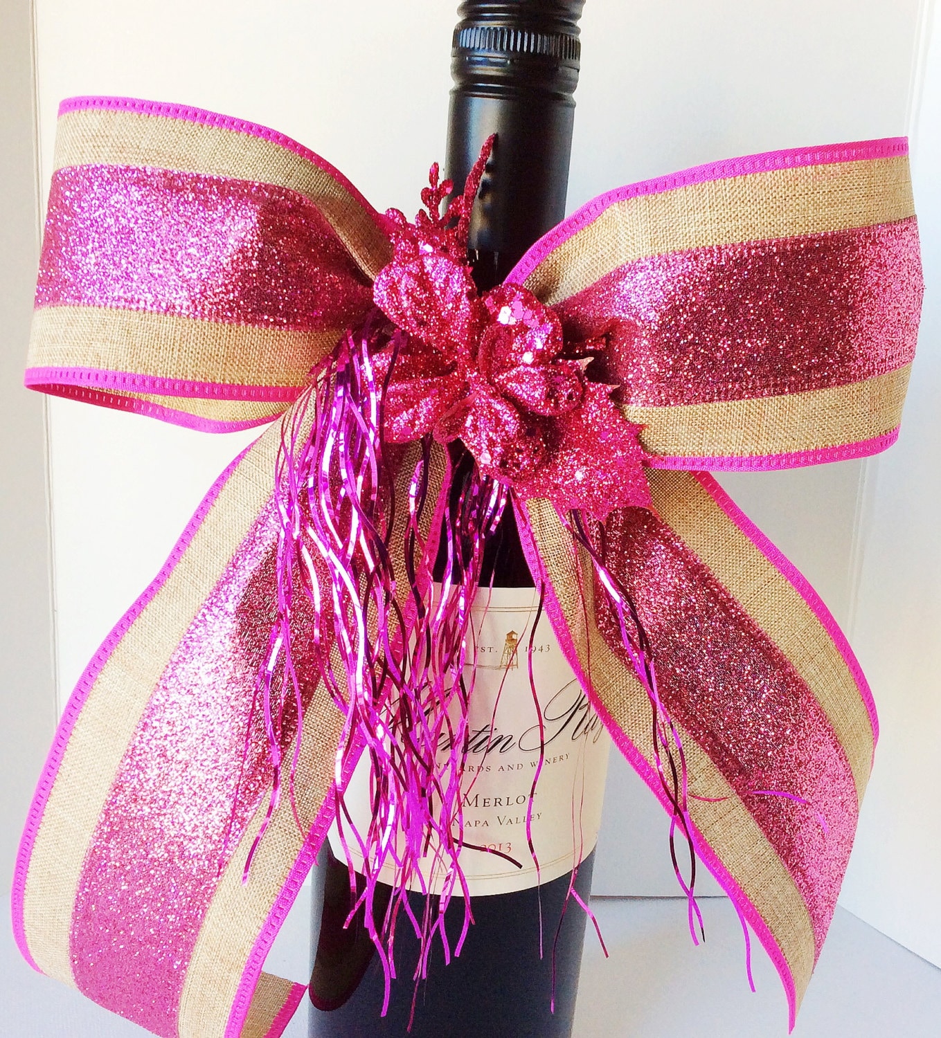 Pink gift bow Wine Bottle Décor Gift wrapping bows by ArtofBows