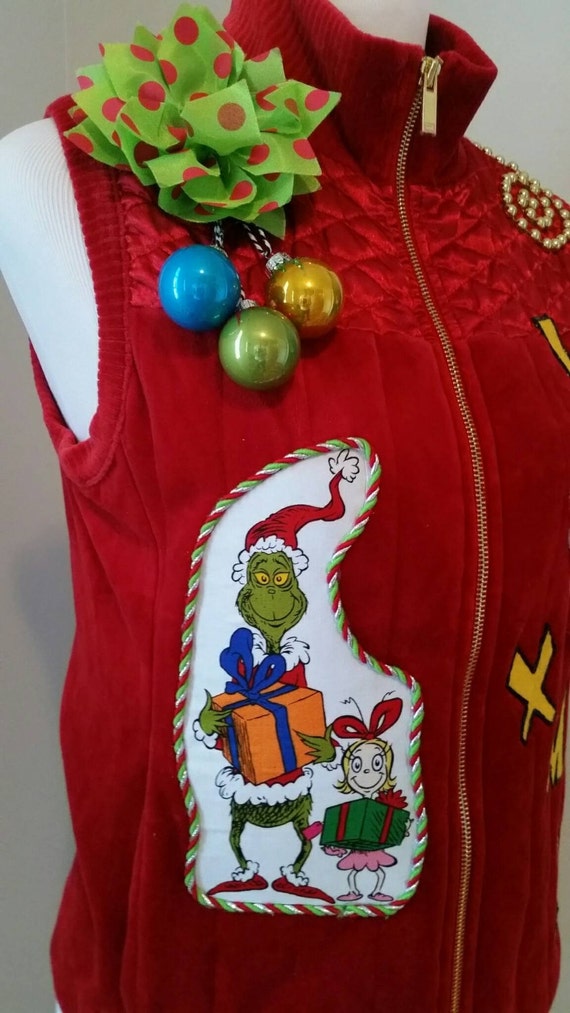 Ugly Christmas Sweater Vest Grinch Dr Seuss Theme Size