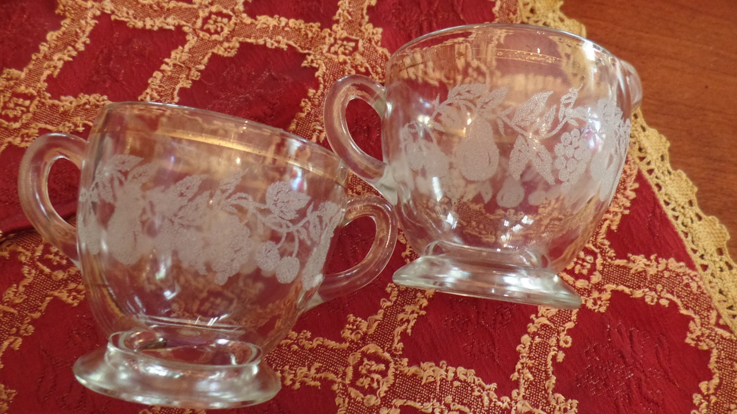 Etched Fruit Creamer And Sugar Bowls Glassware Mid Century