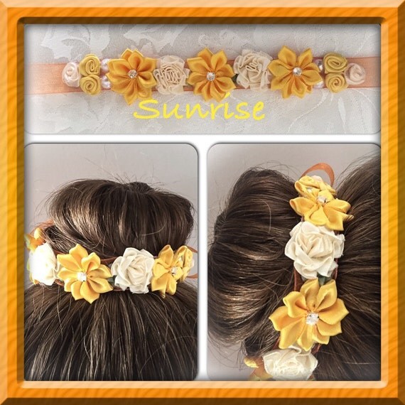 Items similar to Sunrise flower ribbon bun wrap,flower bun crown,hair