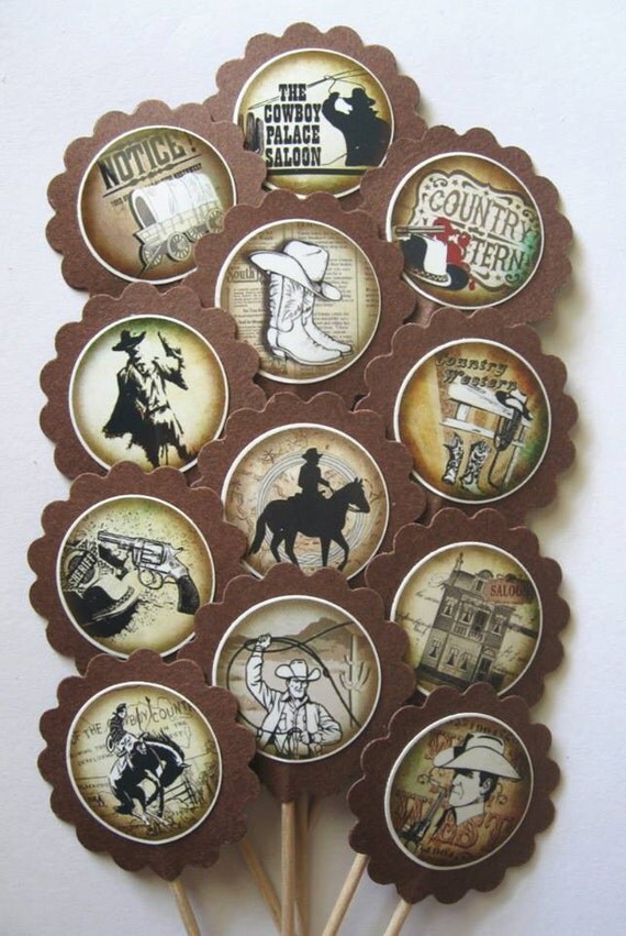 Western Cowboy Cupcake Toppers/party Picks Item 1393 Free