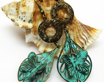 Butterfly Earrings - Blue Patina Butterfly Earrings - Vintaj Brass Earrings - Metal Earrings - Long Dangle Earrings - Boho Jewelry - Gift